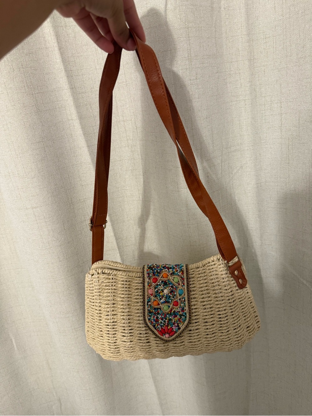 Woven Straw Crossbody Bag with Beaded Accent - Brown Strap Hand Made